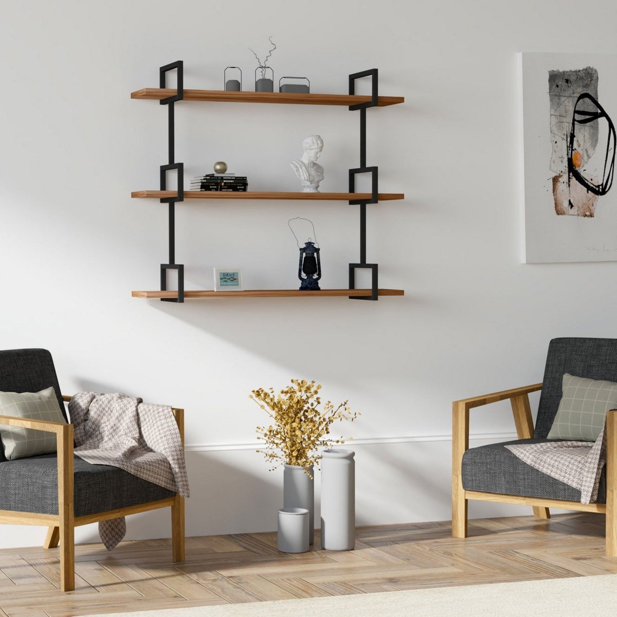 Designer Wandregal Lariano: Modernes Hängeregal mit Walnussoptik und Metallrahmen