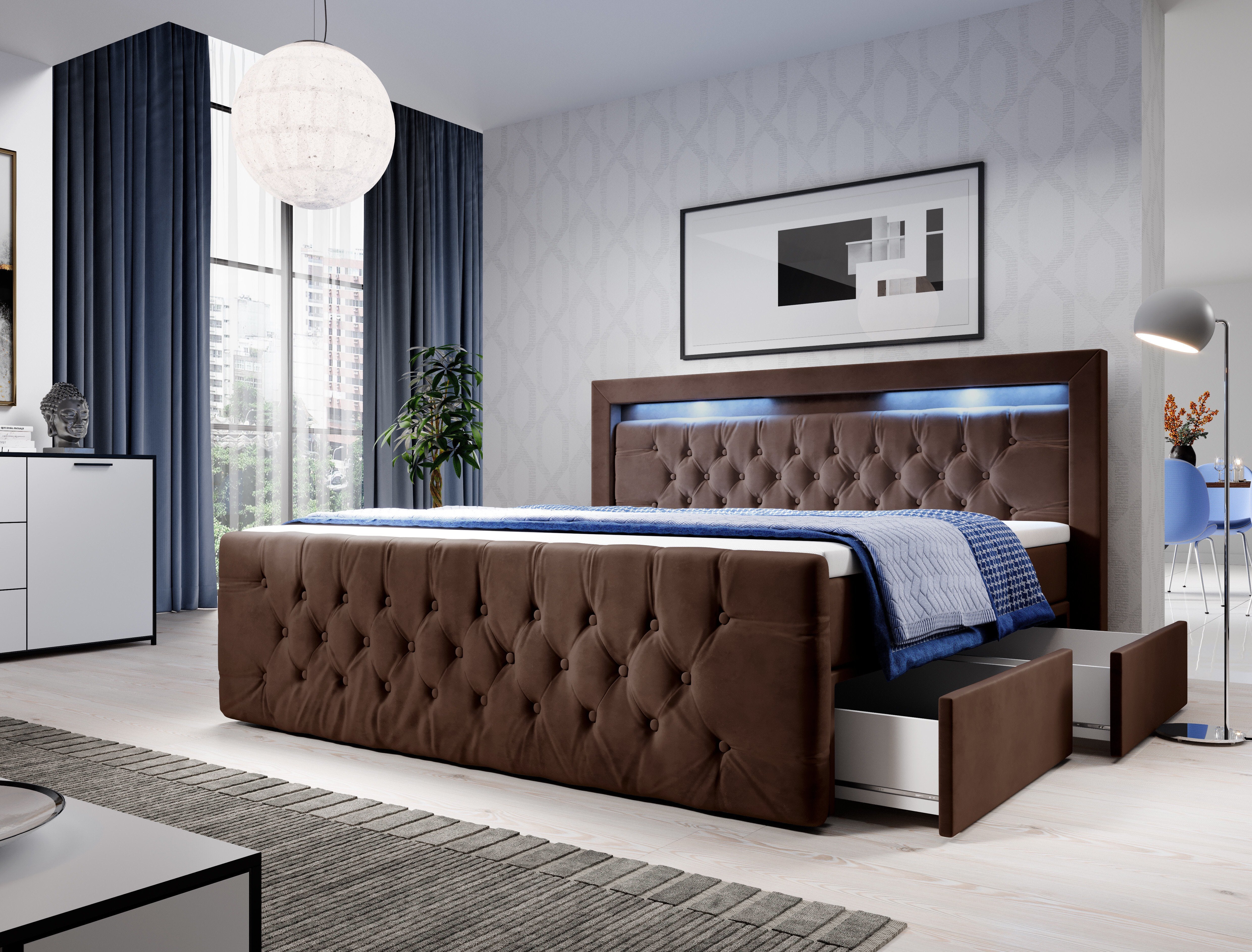 Menzogna Boxspringbett mit LED-Beleuchtung und Stauraum – Samt-Luxus für Ihr Schlafzimmer