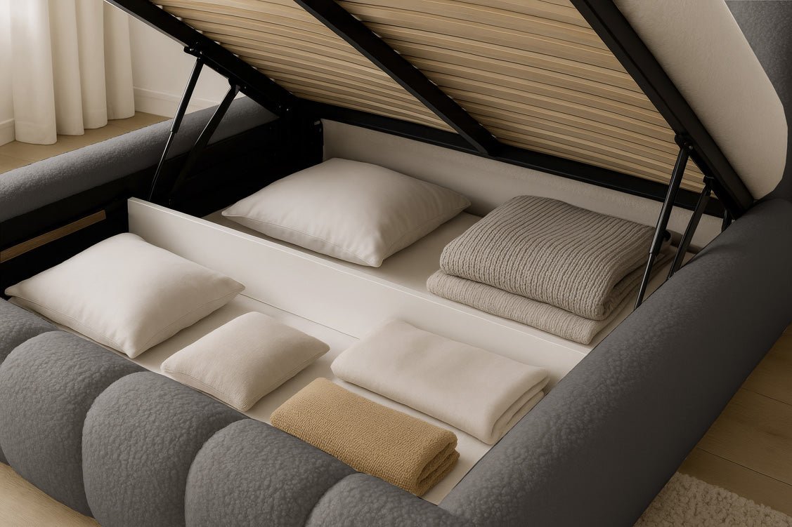 Luxuriöses Selene Bouclé Polsterbett mit Stauraum – Modernes, Elegantes Designer-Bett