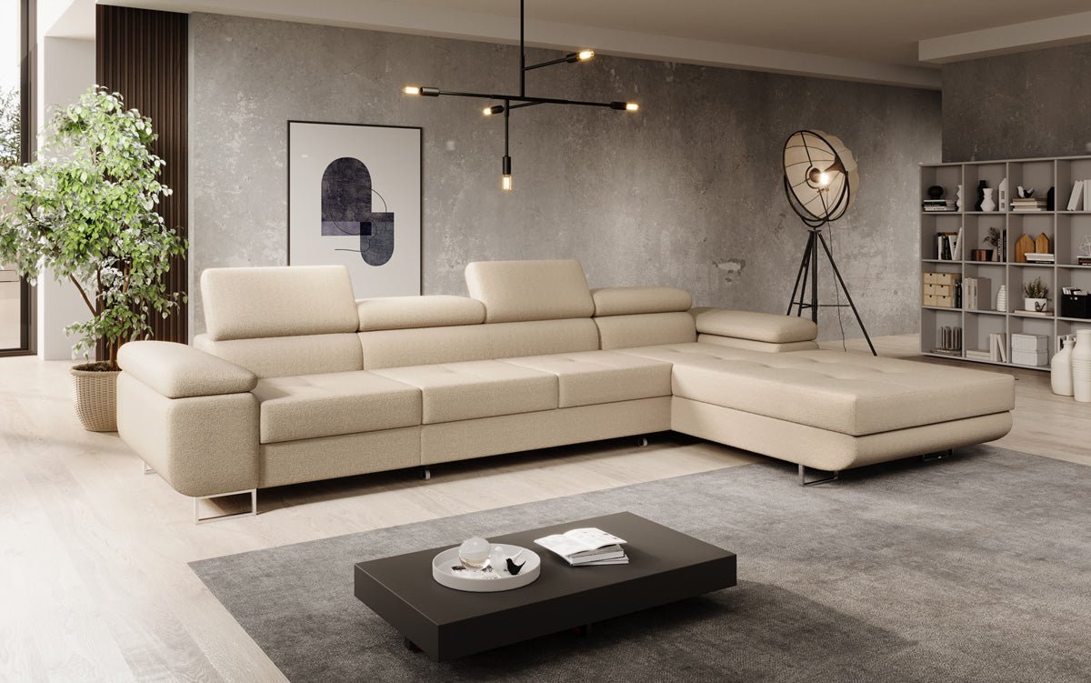 Elegantes Calvera Maxi Bouclé Ecksofa mit Schlaf- und Stauraumfunktion
