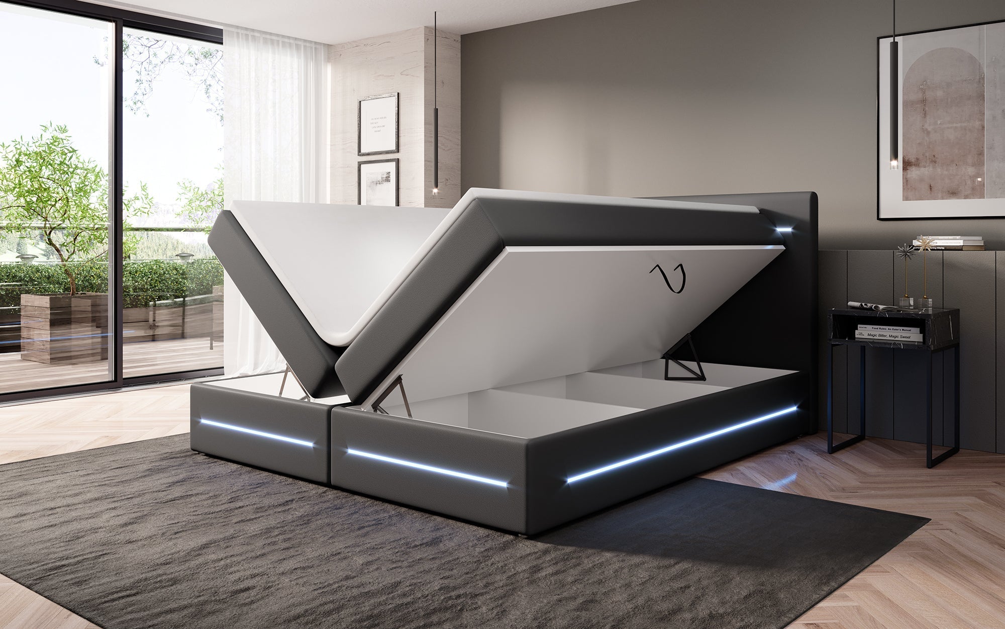 Luxuriöses Boxspringbett Evelyn mit Stauraum, LED-Beleuchtung & Kunstlederbezug für erholsamen Schlaf