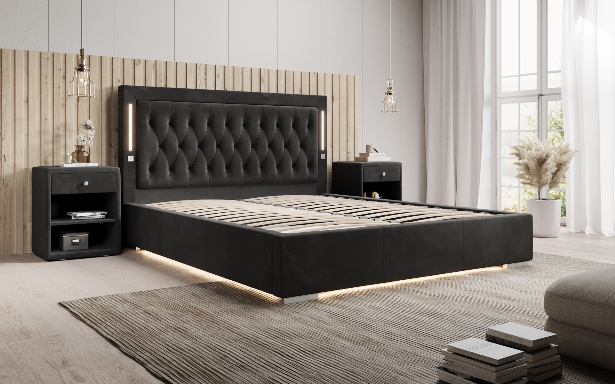 Luxuriöses Designer-Polsterbett Relina: Samt, RGB-Beleuchtung, USB & Geräumiger Stauraum