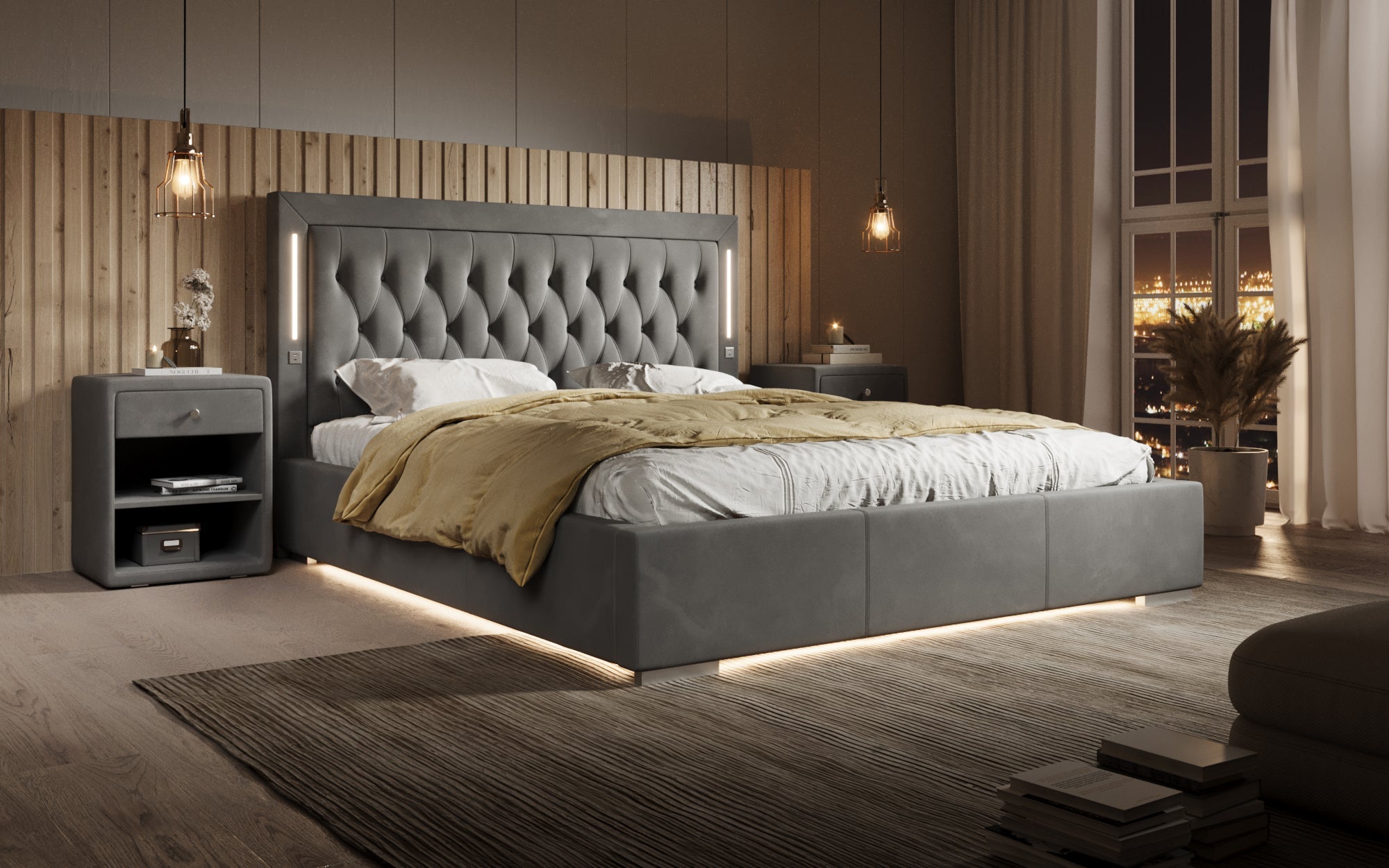 Luxuriöses Designer-Polsterbett Relina: Samt, RGB-Beleuchtung, USB & Geräumiger Stauraum