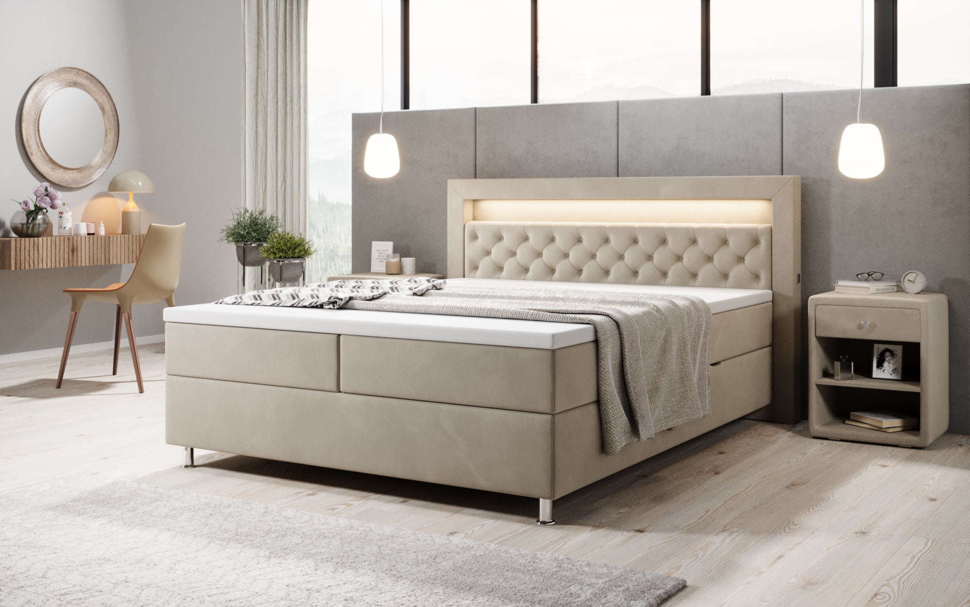 Luxuriöses Samt-Boxspringbett Troja mit Stauraum, RGB-LED, USB-Anschluss, USBC, Fernbedienung