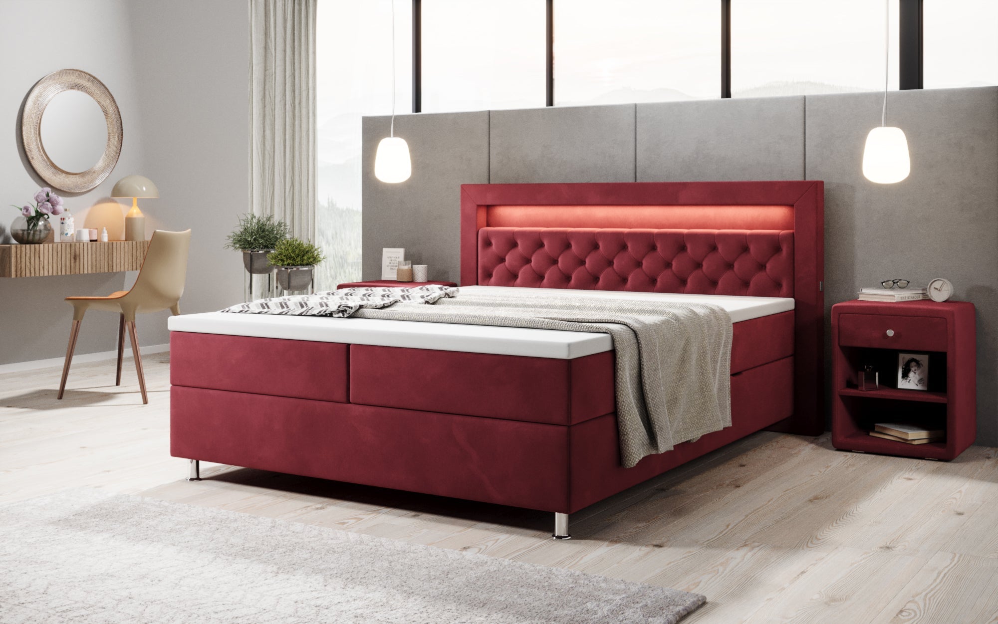 Luxuriöses Samt-Boxspringbett Troja mit Stauraum, RGB-LED, USB-Anschluss, USBC, Fernbedienung