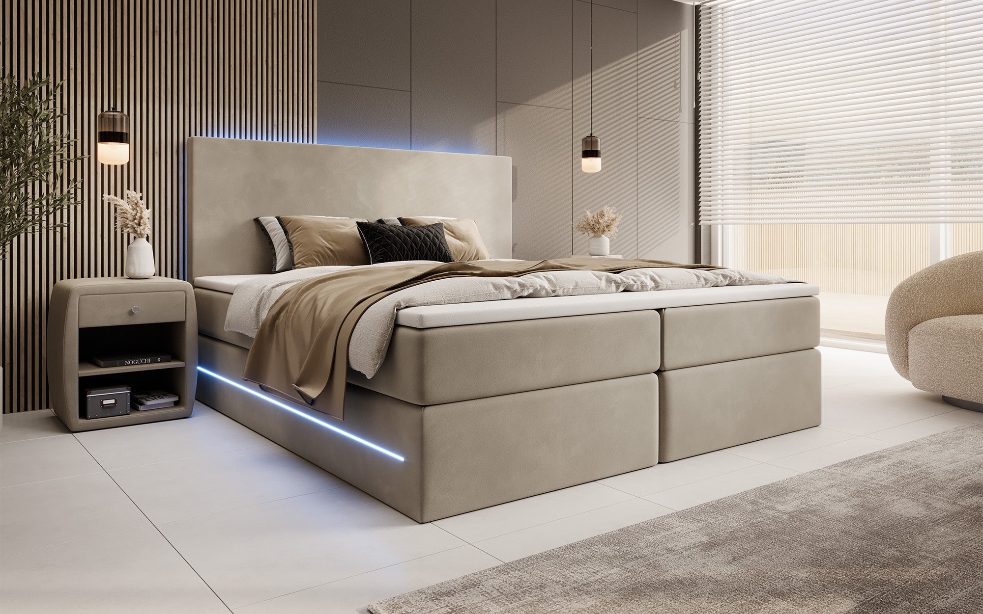 Luxuriöses Samt Boxspringbett Voyage mit LED-Beleuchtung und Stauraum