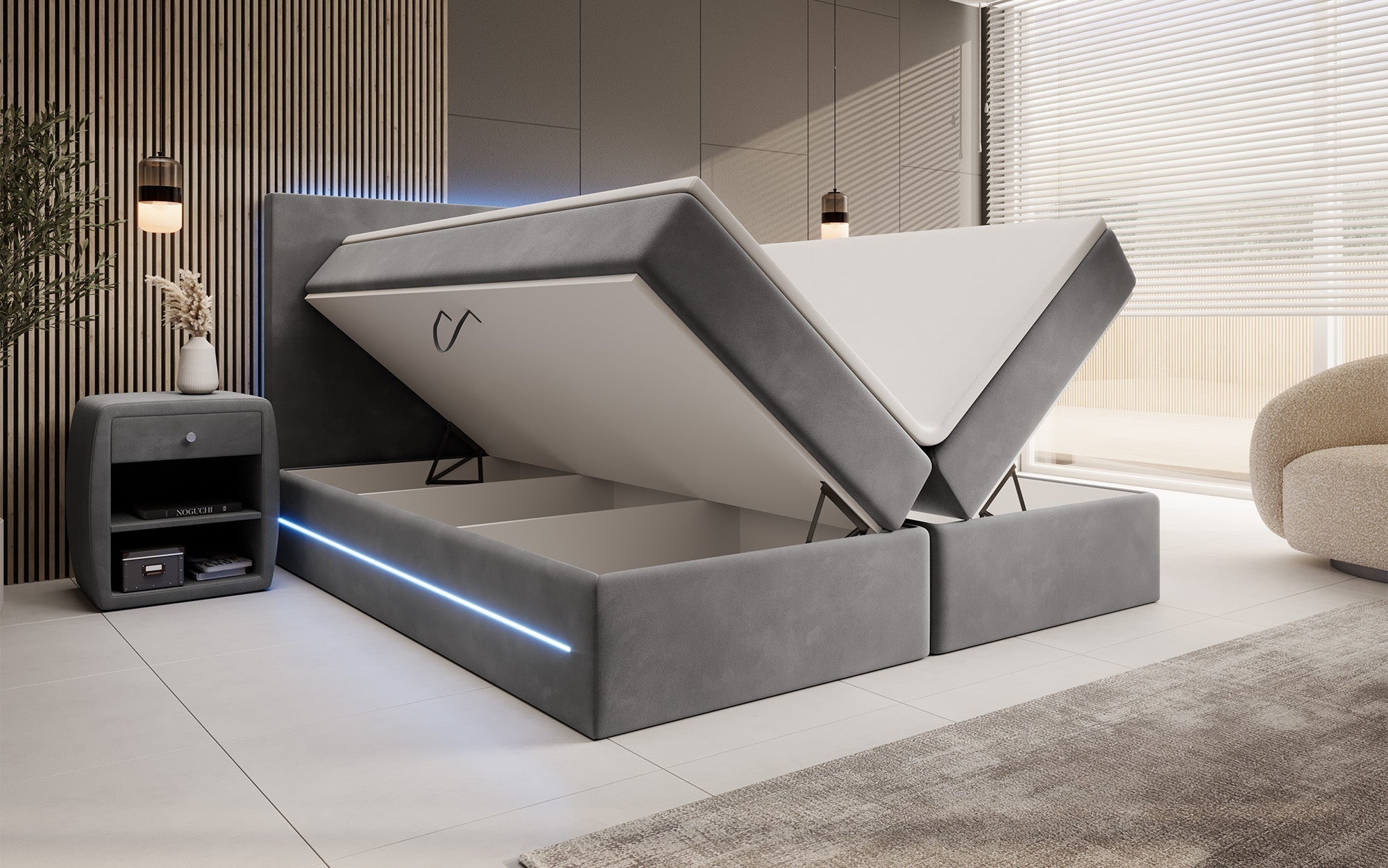 Luxuriöses Boxspringbett Voyage mit LED & Stauraum, Samtbezug
