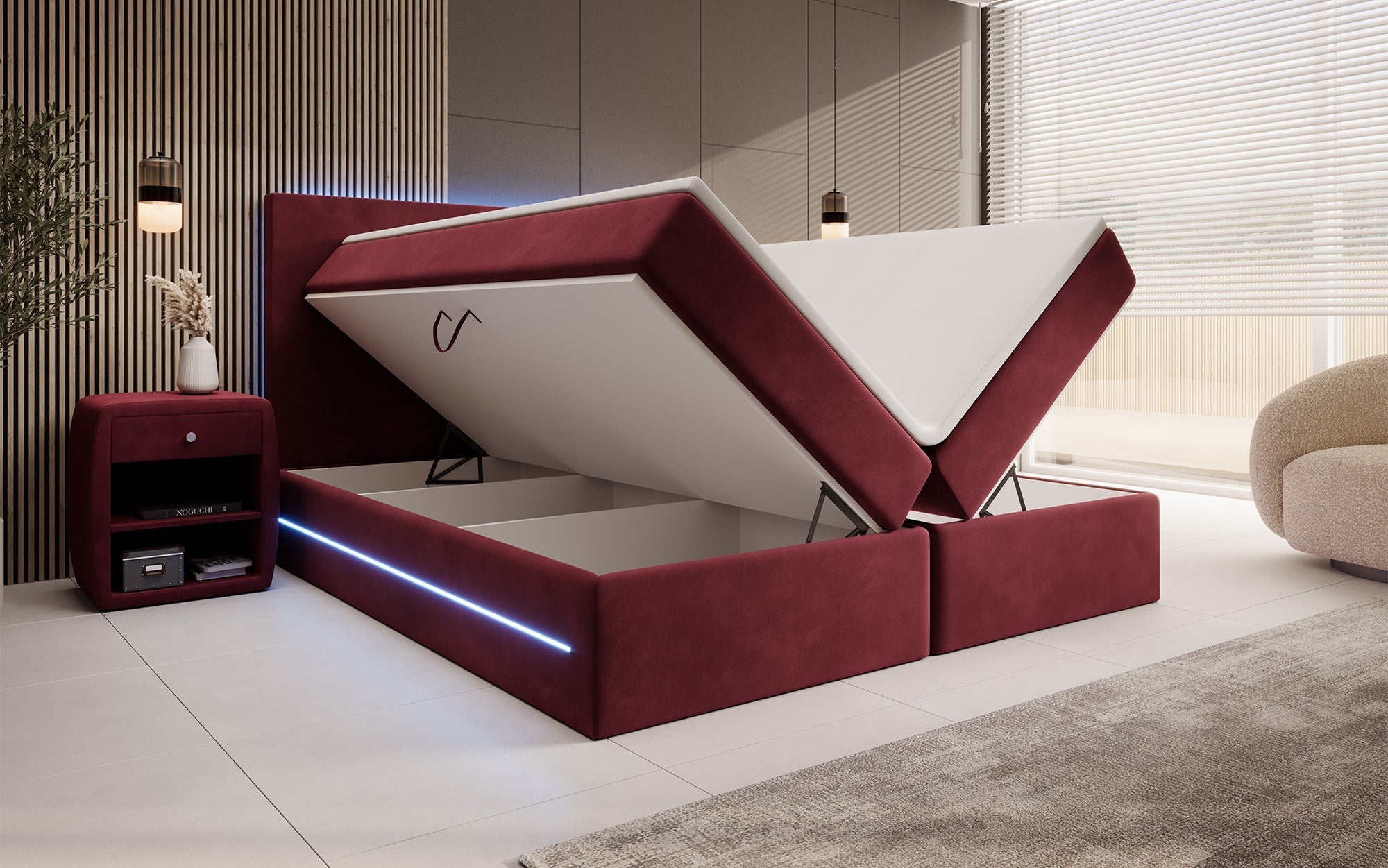 Luxuriöses Samt Boxspringbett Voyage mit LED-Beleuchtung und Stauraum