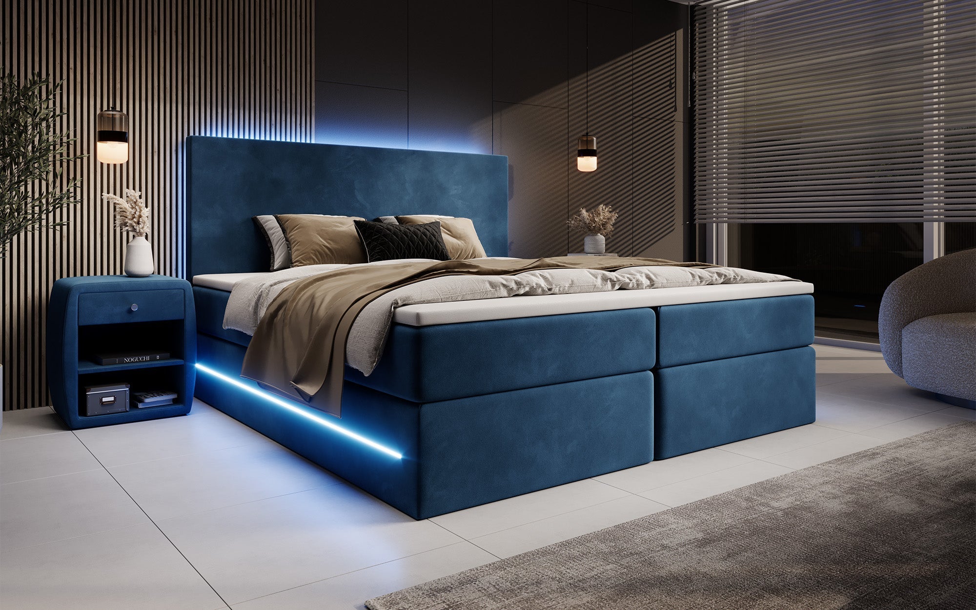Luxuriöses Samt Boxspringbett Voyage mit LED-Beleuchtung und Stauraum