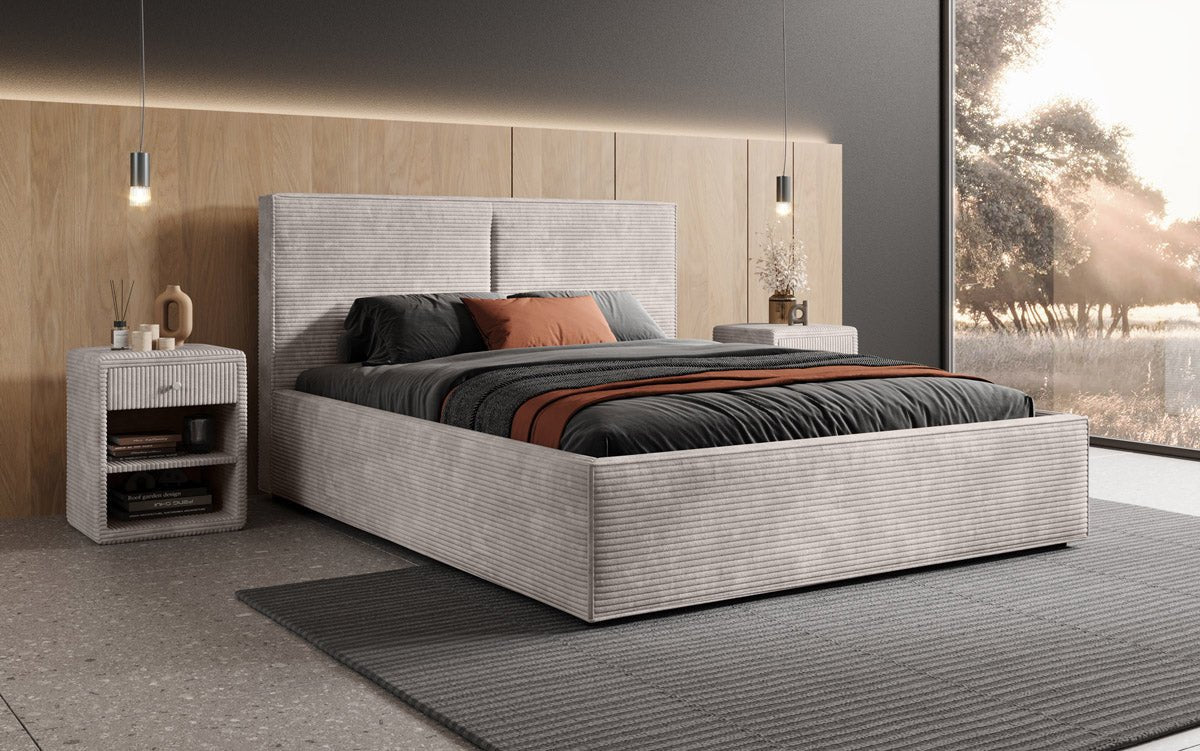 Luxuriöses Designer Polsterbett Elara aus Cord mit viel Stauraum