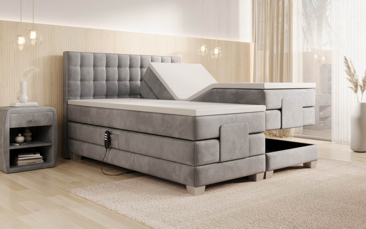 Luxuriöses Boxspringbett Sorella, elektrisch verstellbar, Samtbezug, für erholsamen Schlaf