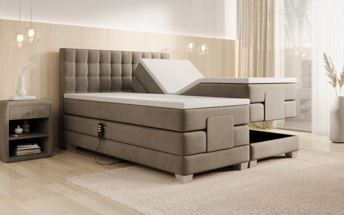 Luxuriöses Boxspringbett Sorella, elektrisch verstellbar, Samtbezug, für erholsamen Schlaf