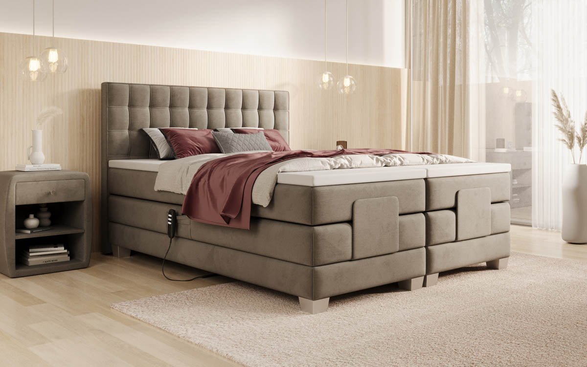 Luxuriöses Boxspringbett Sorella, elektrisch verstellbar, Samtbezug, für erholsamen Schlaf