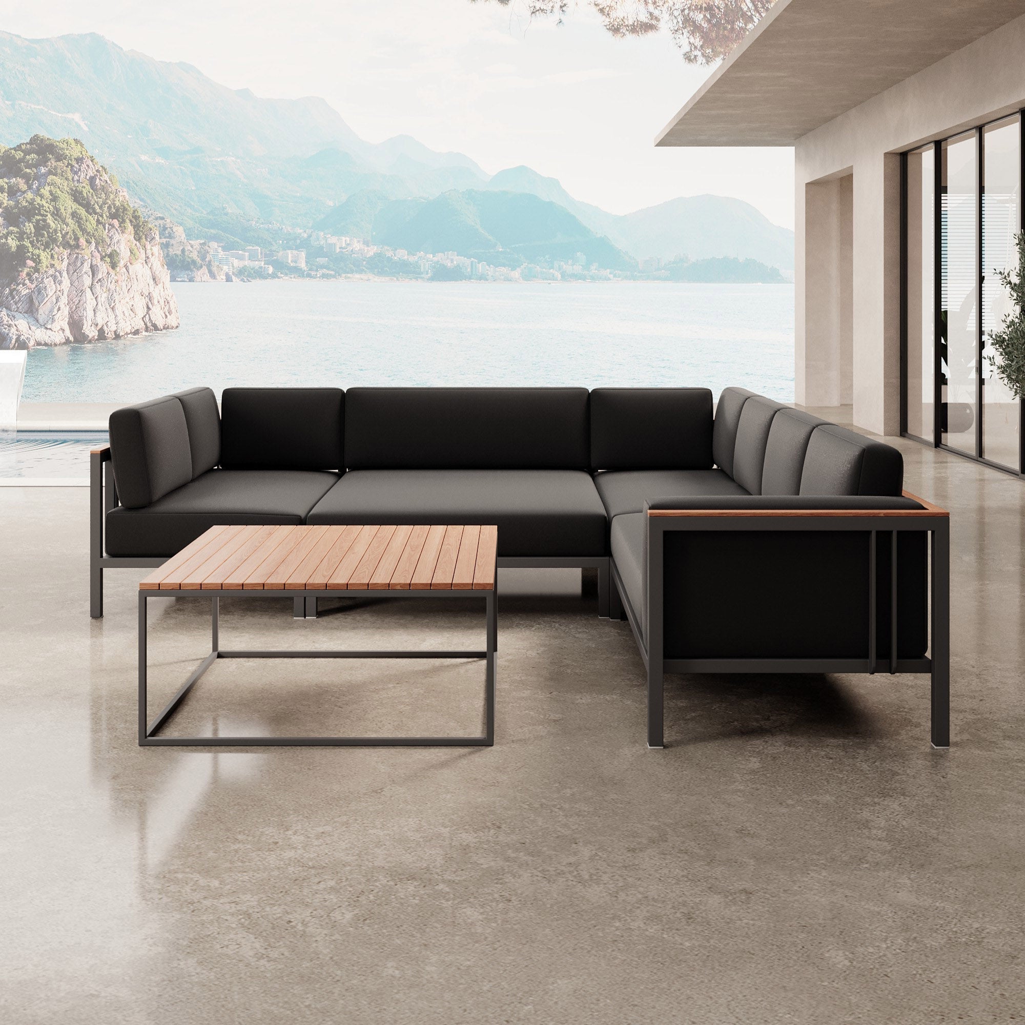 Luxuriöse Garten-Ecklounge mit Tisch: Wetterfestes Aluminium, Sunbrella-Stoff, Aevora Kollektion