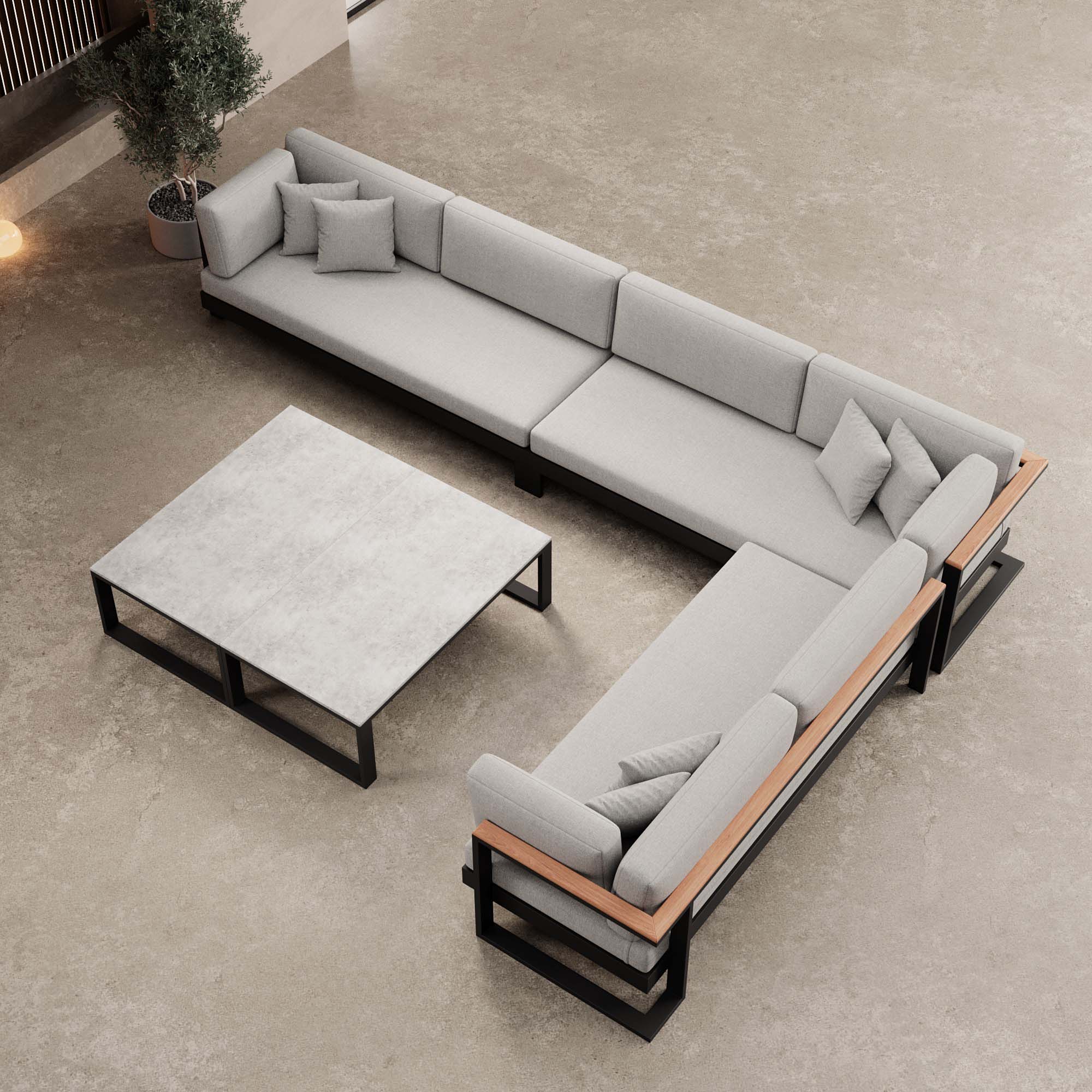 Vayla Luxus Outdoor Wohnlandschaft: Ecksofa mit Doppeltisch, wetterfestem Aluminiumgestell