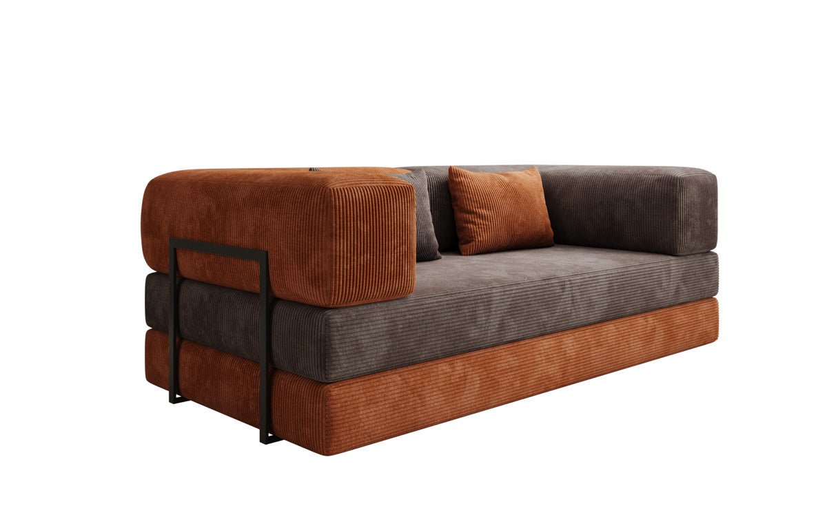 Komfortables 3-Sitzer Schlafsofa aus Rost-Cord mit Stauraumfunktion