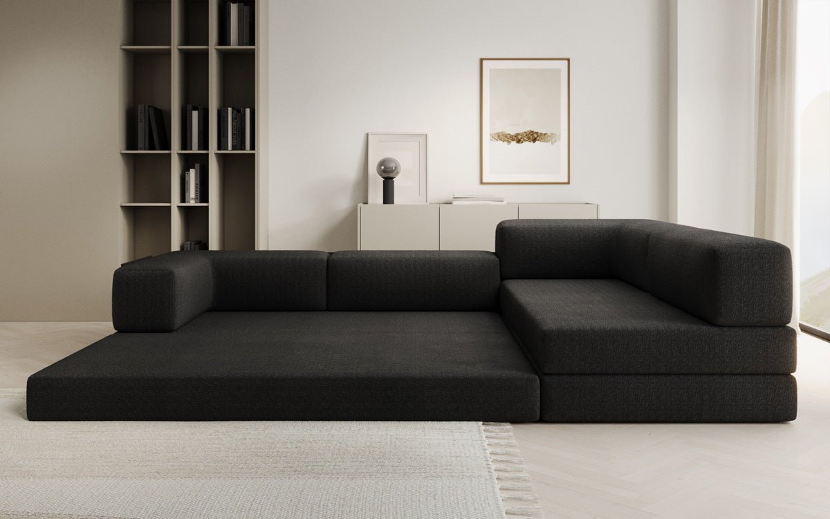 Luxuriöses L-förmiges Bouclé-Sofa mit Schlaffunktion und Stauraum