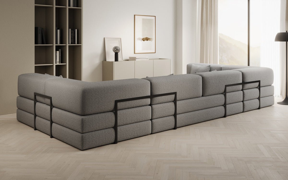 Luxuriöses Designer U-Sofa Lazy in Bouclé-Stoff mit Schlaffunktion und Stauraum