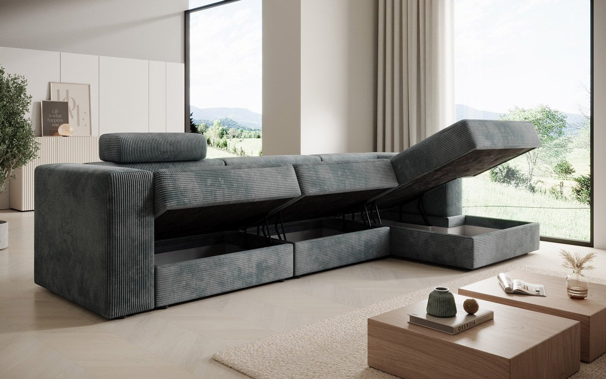 Modernes Ecksofa Stockholm aus Cord mit Stauraum und Schlaffunktion