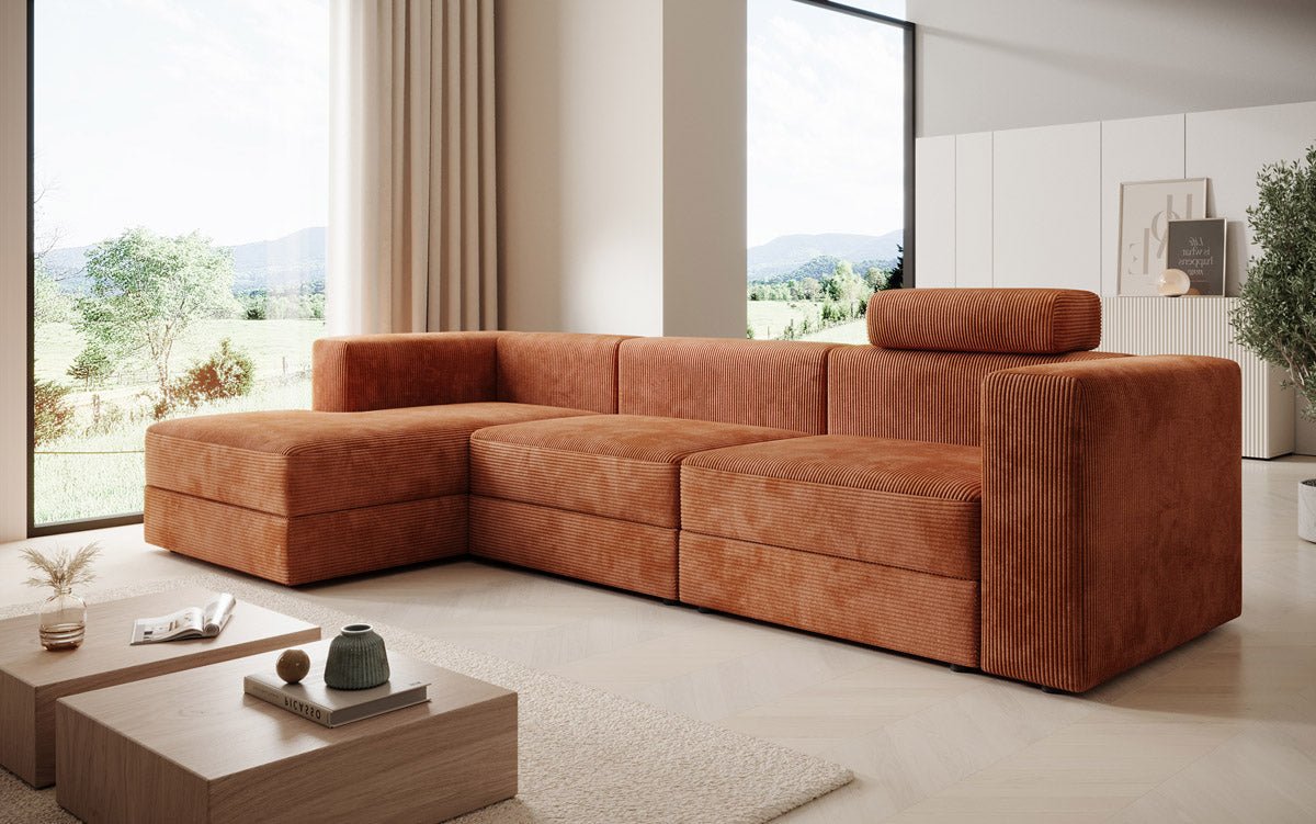 Modernes Ecksofa Stockholm aus Cord mit Stauraum und Schlaffunktion