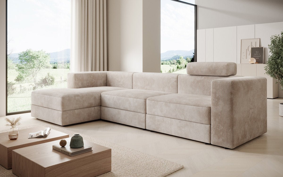 Modernes Ecksofa Stockholm aus Cord mit Stauraum und Schlaffunktion