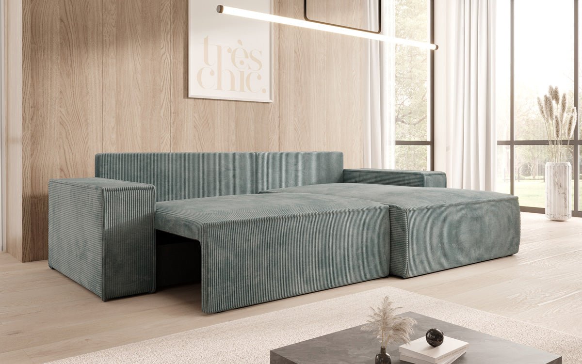 Corino Designer Ecksofa aus Cordstoff mit Schlaffunktion und Klappfunktion