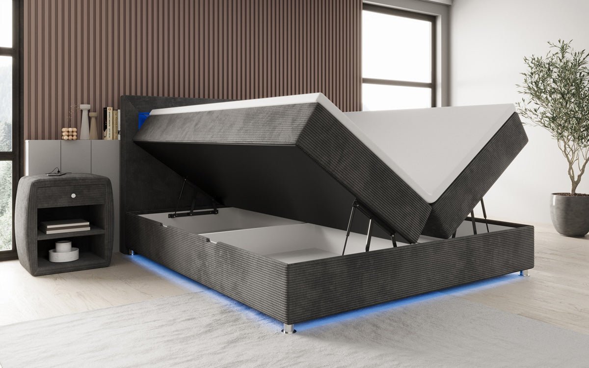 Boxspringbett Relax: Modernes Cord-Bett mit LED, Stauraum & USB-C