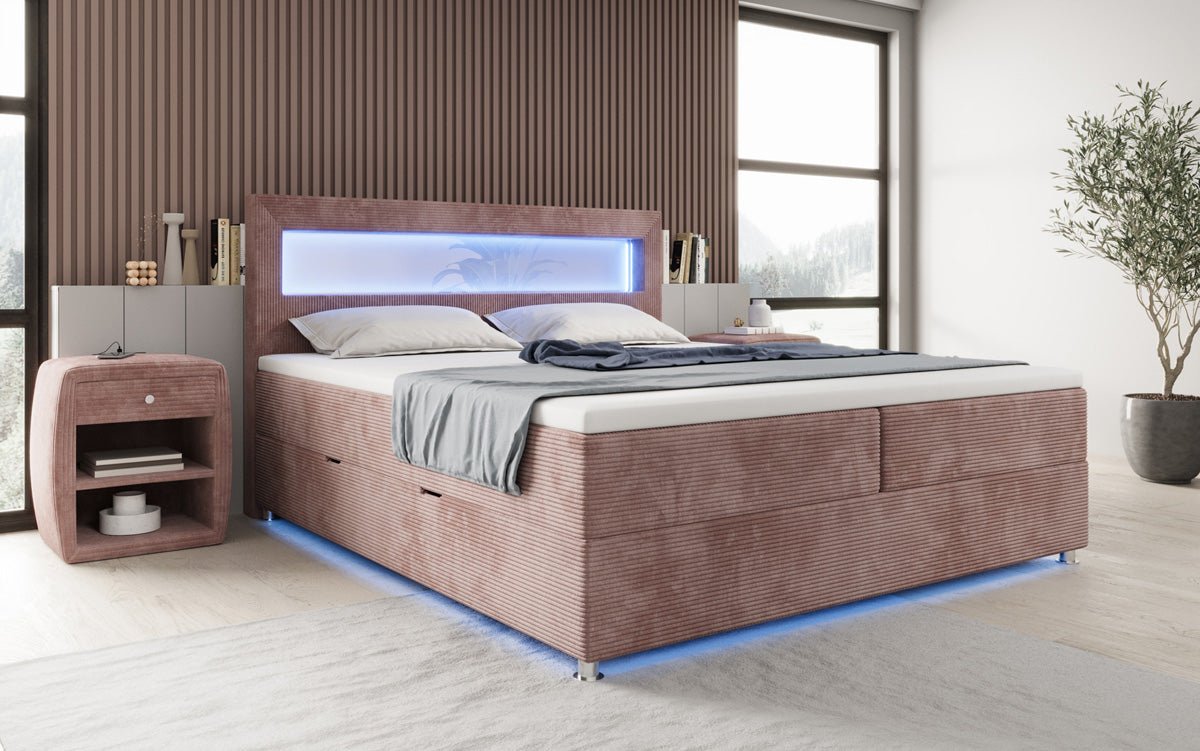 Boxspringbett Relax: Modernes Cord-Bett mit LED, Stauraum & USB-C
