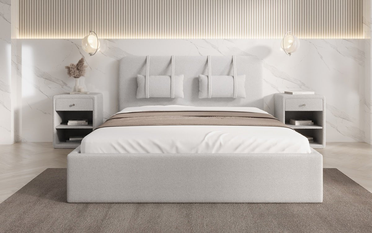 Luxuriöses Designer Polsterbett Alma mit Bouclé-Stoff und Stauraumfunktion