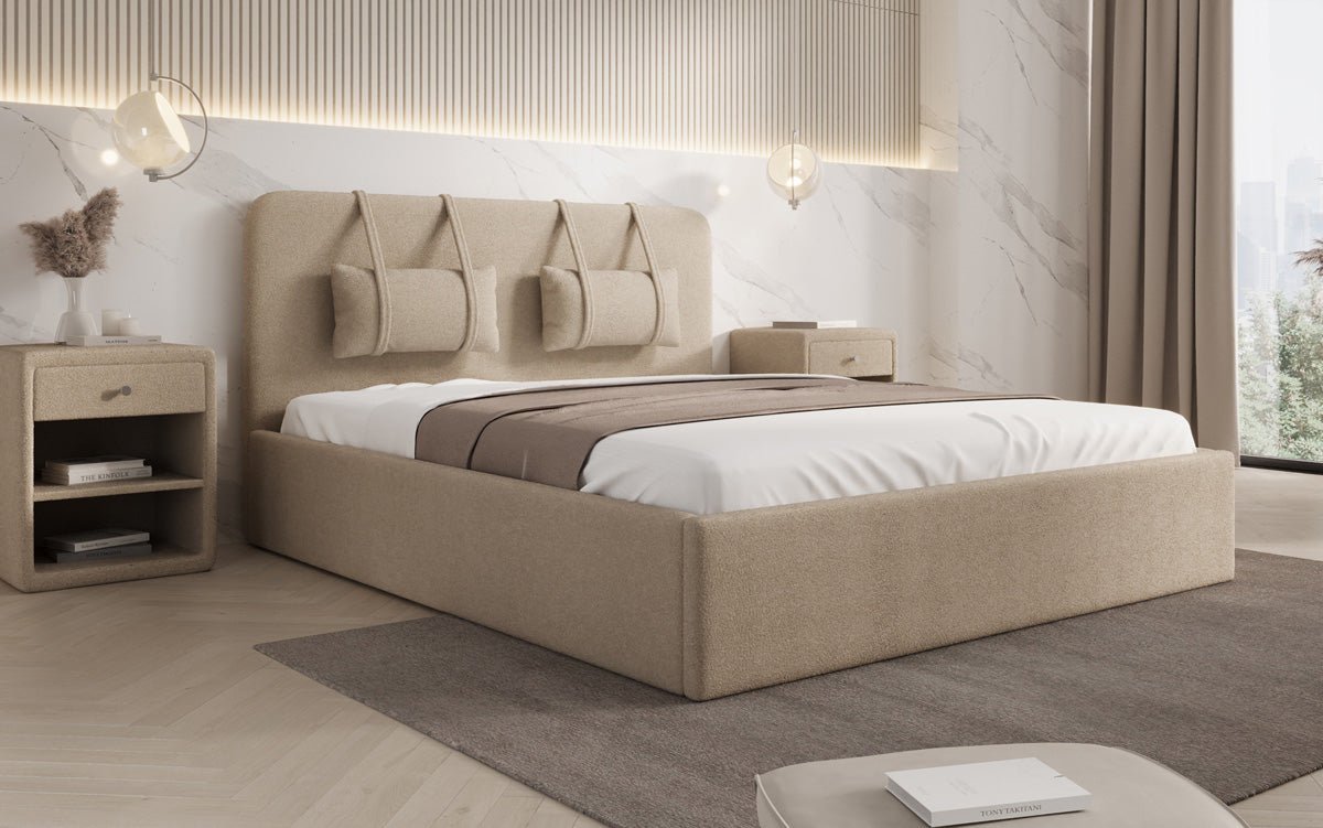 Luxuriöses Designer Polsterbett Alma mit Bouclé-Stoff und Stauraumfunktion