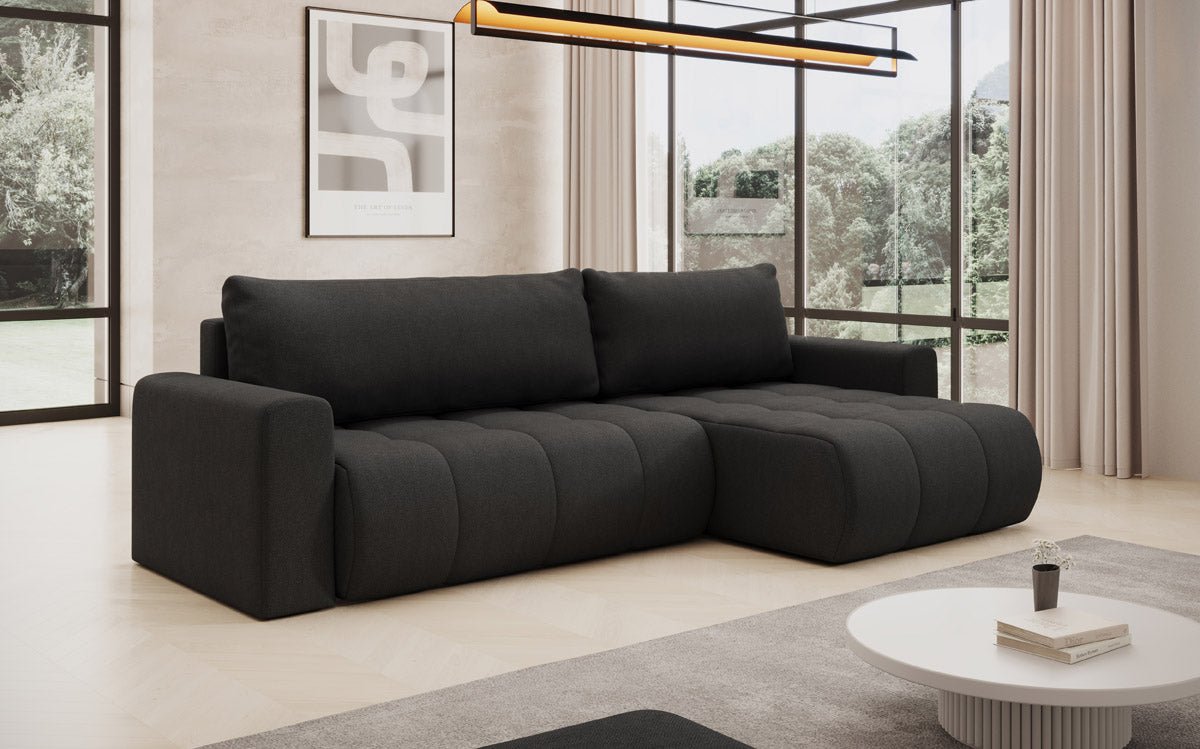 Modernes Designer Ecksofa Venezia mit Schlaffunktion, Stauraum, und Stoffbezug