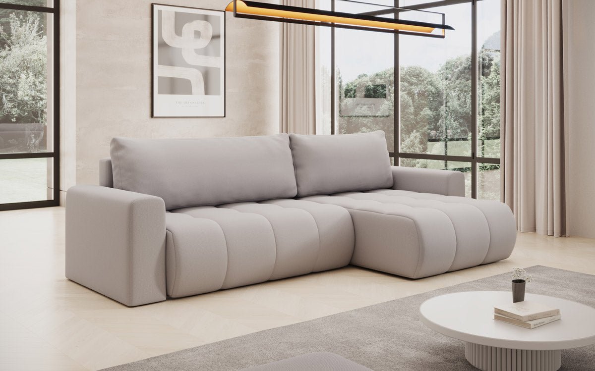 Modernes Designer Ecksofa Venezia mit Schlaffunktion, Stauraum, und Stoffbezug