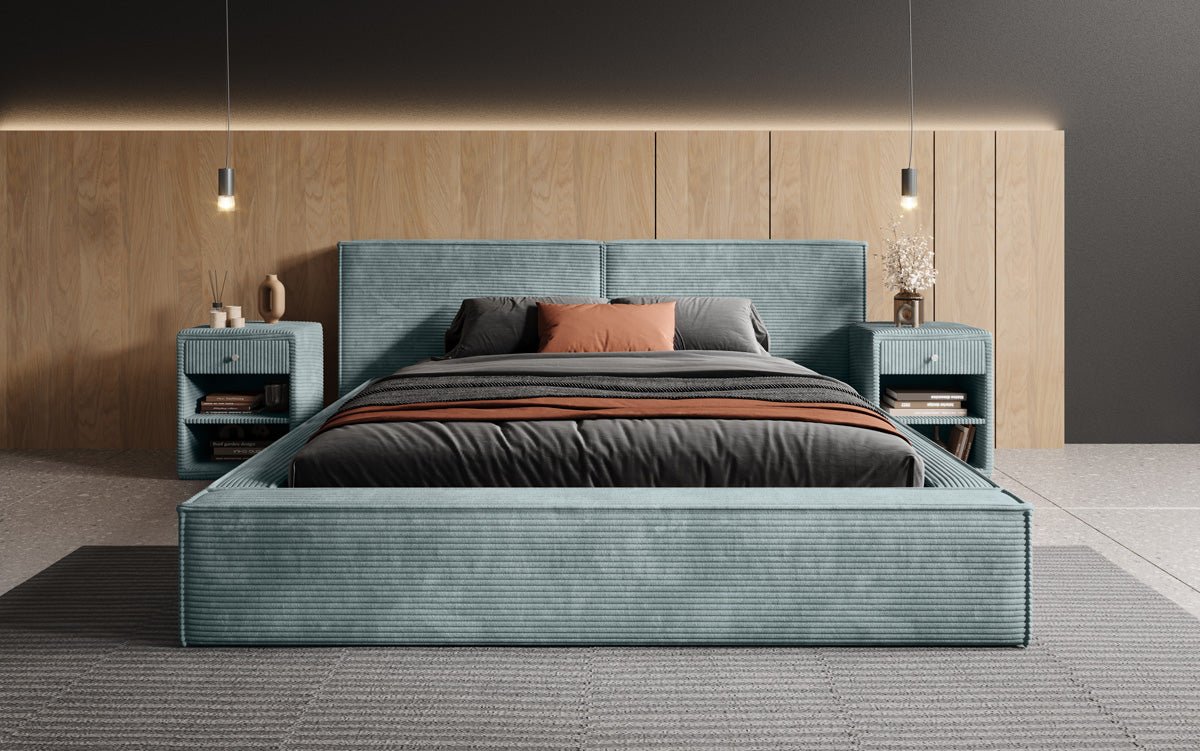 Elegantes Designer Polsterbett Ophelia: Samtiger Cord-Bezug, integrierter Stauraum, maximaler Komfort