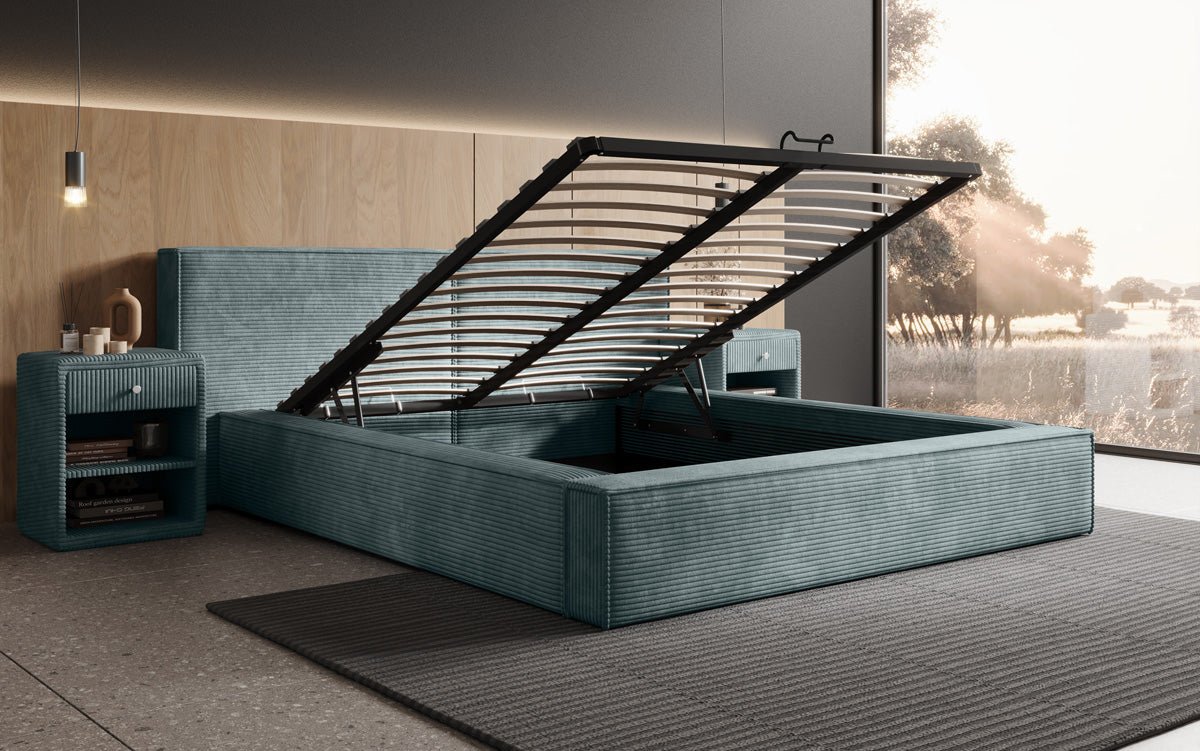 Elegantes Designer Polsterbett Ophelia: Samtiger Cord-Bezug, integrierter Stauraum, maximaler Komfort