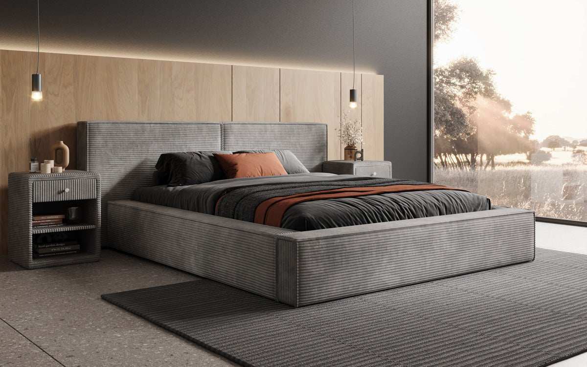 Elegantes Designer Polsterbett Ophelia: Samtiger Cord-Bezug, integrierter Stauraum, maximaler Komfort