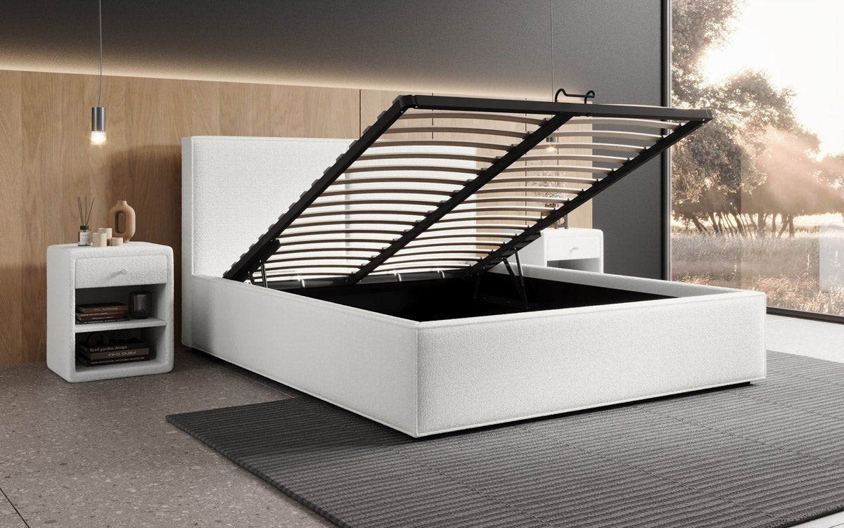 Luxuriöses Bouclé Designer Polsterbett Elara mit integriertem Stauraum