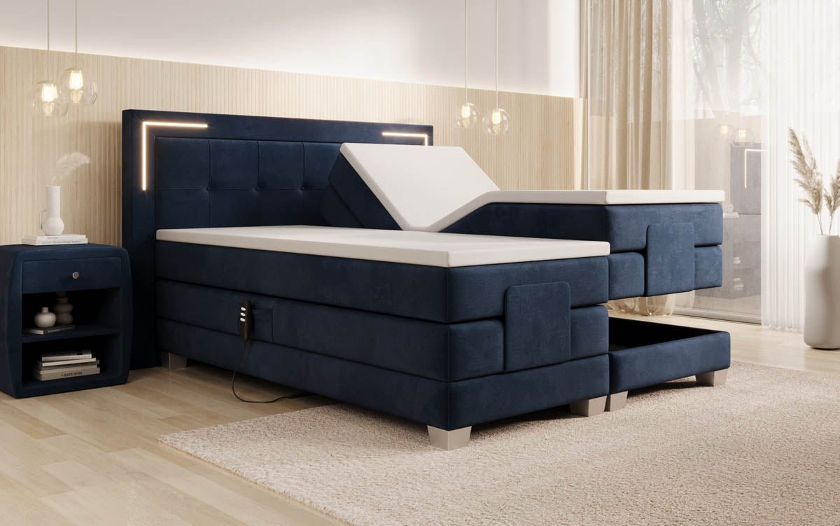Elektrisch Verstellbares Boxspringbett Noctis Samt mit LED-Beleuchtung und H3 Härtegrad