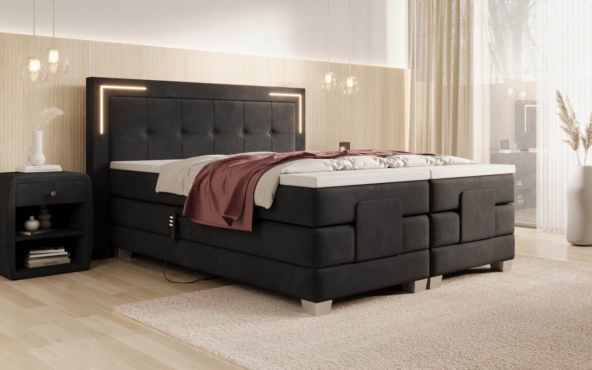 Elektrisch Verstellbares Boxspringbett Noctis Samt mit LED-Beleuchtung und H3 Härtegrad