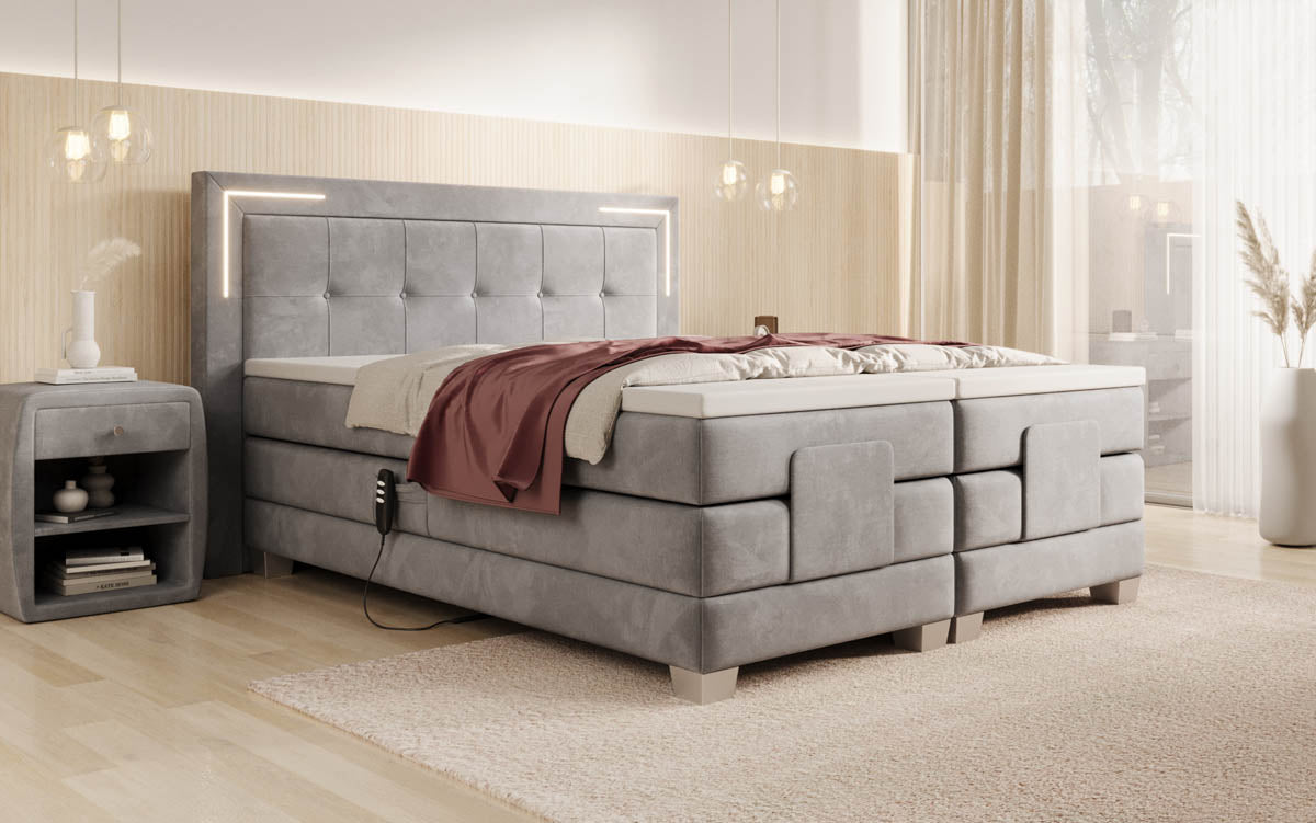 Luxuriöses Boxspringbett Noctis Samt mit elektrischer Verstellung und integrierter LED