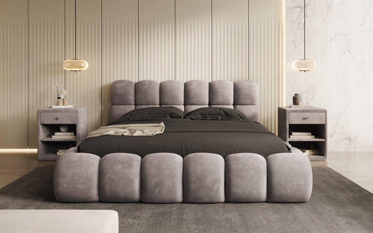 Gemütliches Designer Cord-Polsterbett Boston mit Clevem Stauraum – Dein Schlafparadies!