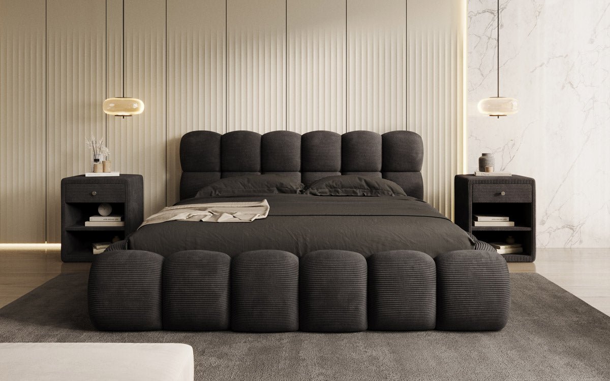 Gemütliches Designer Cord-Polsterbett Boston mit Clevem Stauraum – Dein Schlafparadies!