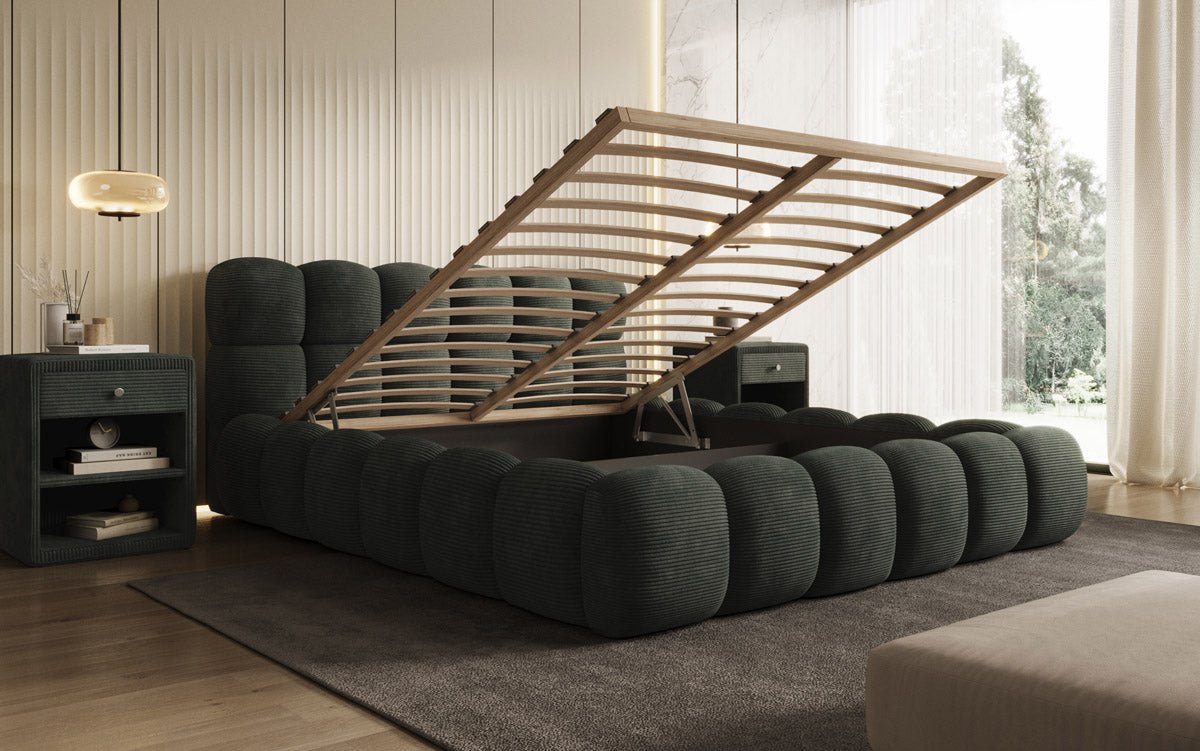 Gemütliches Designer Cord-Polsterbett Boston mit Clevem Stauraum – Dein Schlafparadies!