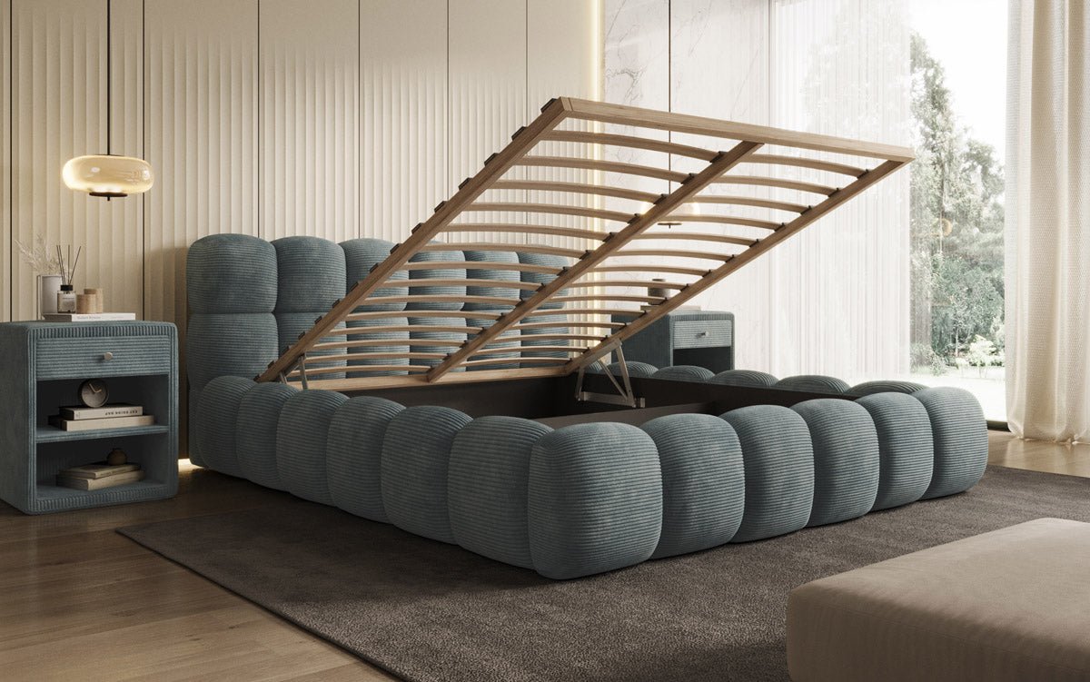 Gemütliches Designer Cord-Polsterbett Boston mit Clevem Stauraum – Dein Schlafparadies!