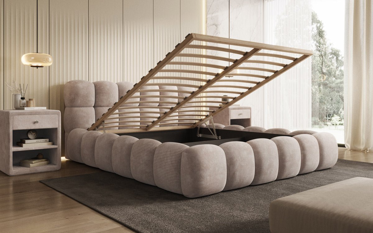 Gemütliches Designer Cord-Polsterbett Boston mit Clevem Stauraum – Dein Schlafparadies!