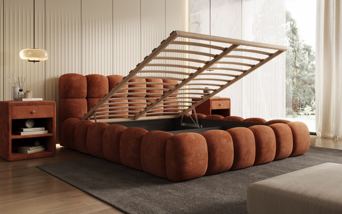 Gemütliches Designer Cord-Polsterbett Boston mit Clevem Stauraum – Dein Schlafparadies!