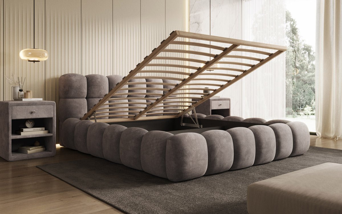 Gemütliches Designer Cord-Polsterbett Boston mit Clevem Stauraum – Dein Schlafparadies!