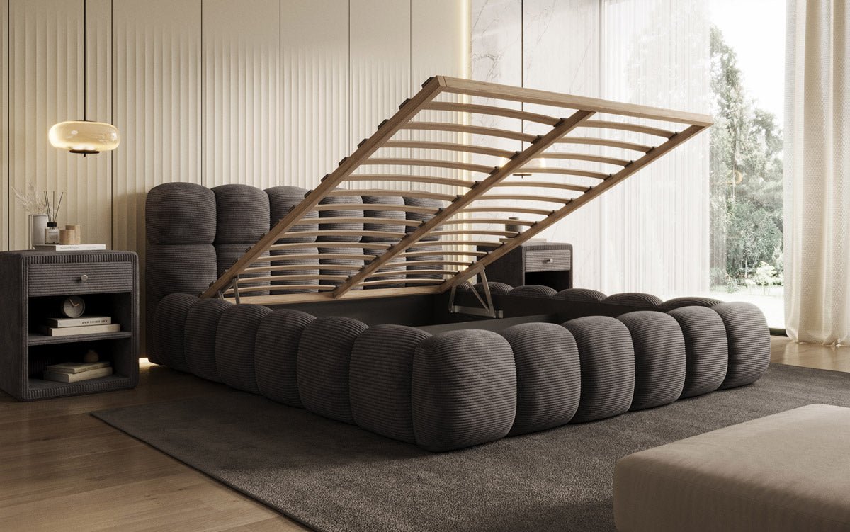 Gemütliches Designer Cord-Polsterbett Boston mit Clevem Stauraum – Dein Schlafparadies!