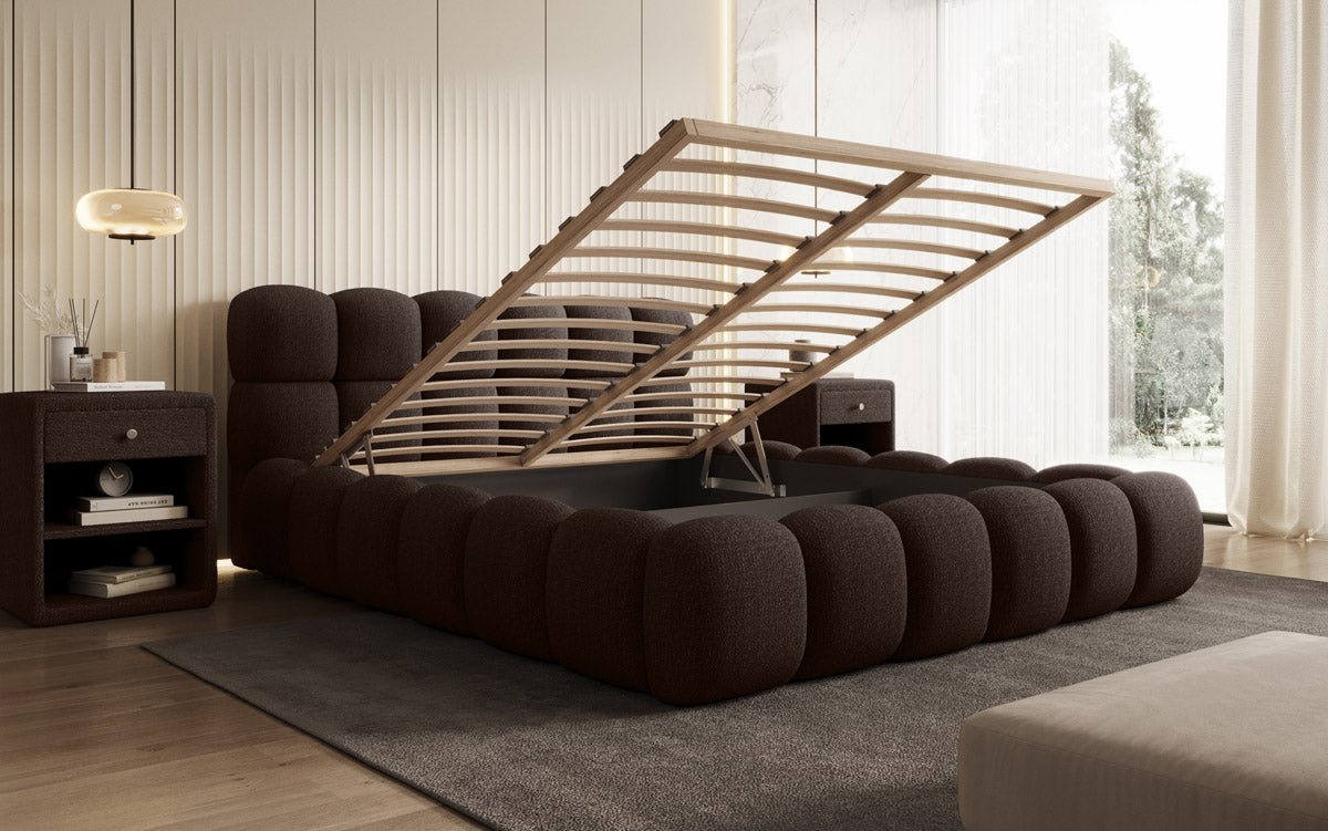 Luxuriöses Designer Polsterbett Boston: Bouclé Stoff, Integrierter Stauraum, Modernes Schlafzimmer-Highlight