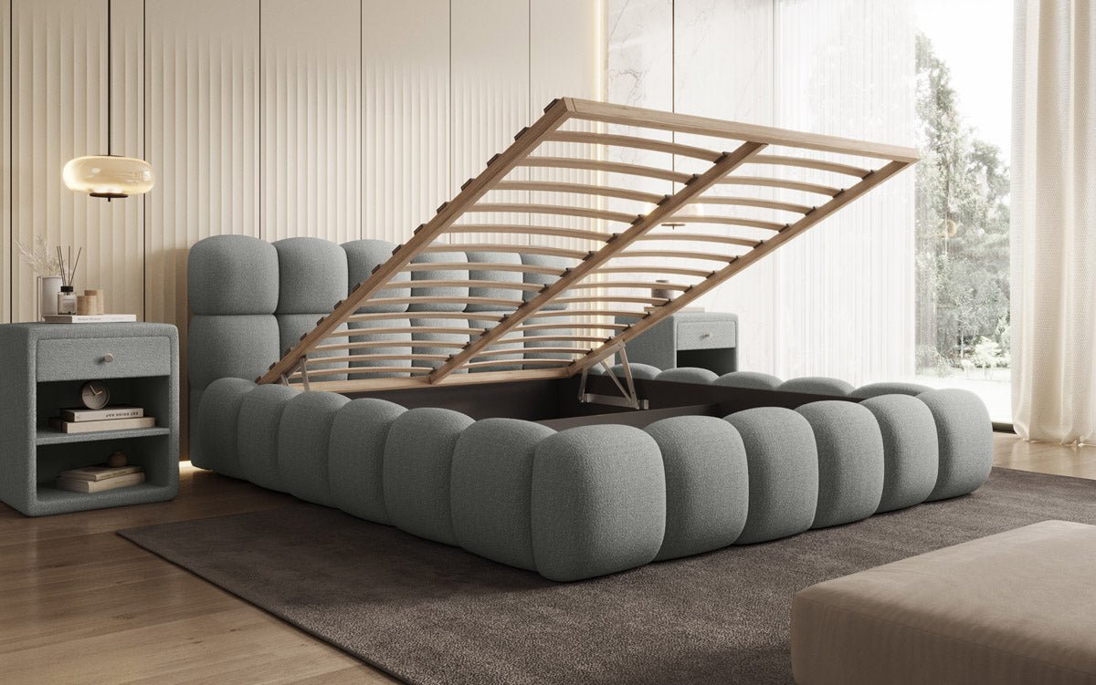 Designer Polsterbett Boston Bouclé mit Stauraum, Samtbezug, moderne Optik