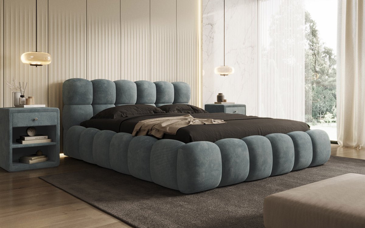 Gemütliches Designer Cord-Polsterbett Boston mit Clevem Stauraum – Dein Schlafparadies!